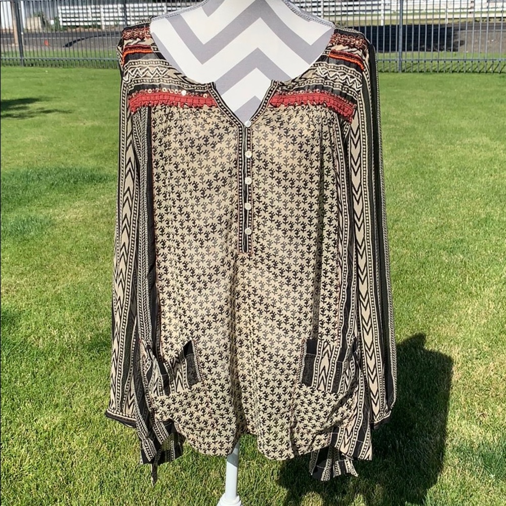 Free People Tribal Beaded Peasant Top Blouse